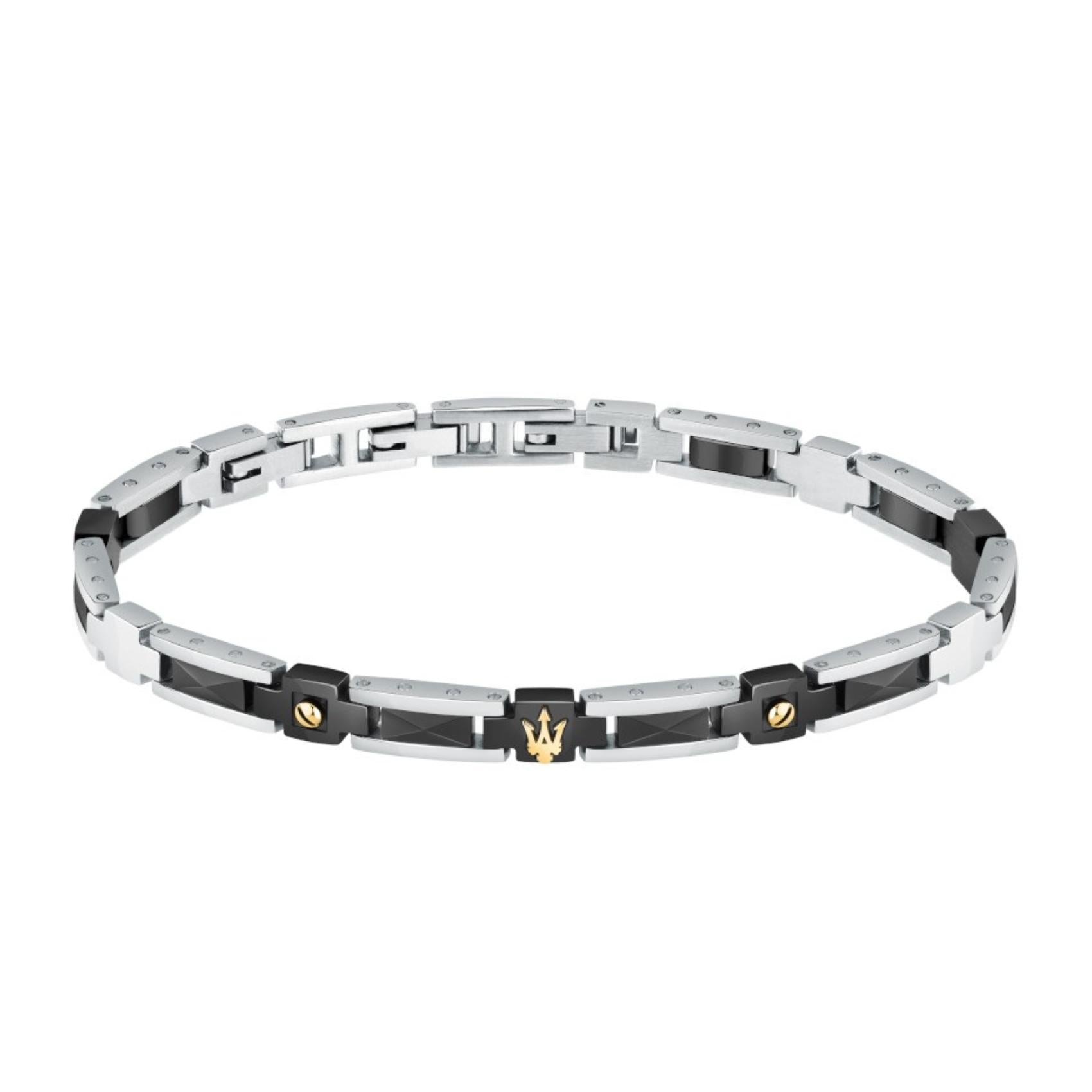 Ανδρικό βραχιόλι Maserati JM423ATZ30 από ανοξείδωτο ατσάλι και κεραμικό, με ασημί-μαύρο χρώμα και χρυσά στοιχεία.