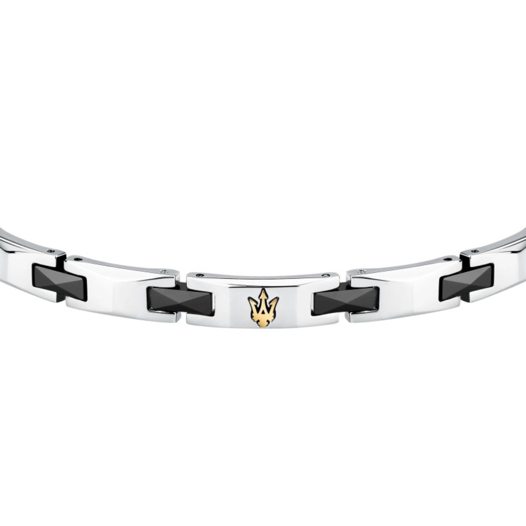 Ανδρικό βραχιόλι Maserati JM424ATZ49 από ανοξείδωτο ατσάλι και κεραμικό, με ασημί-μαύρο χρώμα και χρυσή τρίαινα-κοντινή λήψη.