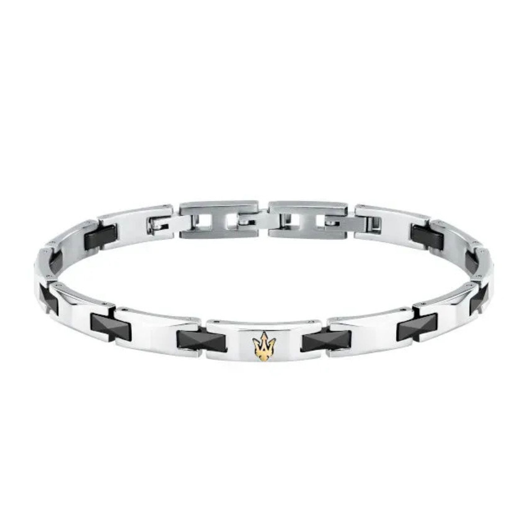 Ανδρικό βραχιόλι Maserati JM424ATZ49 από ανοξείδωτο ατσάλι και κεραμικό, με ασημί-μαύρο χρώμα και χρυσή τρίαινα.