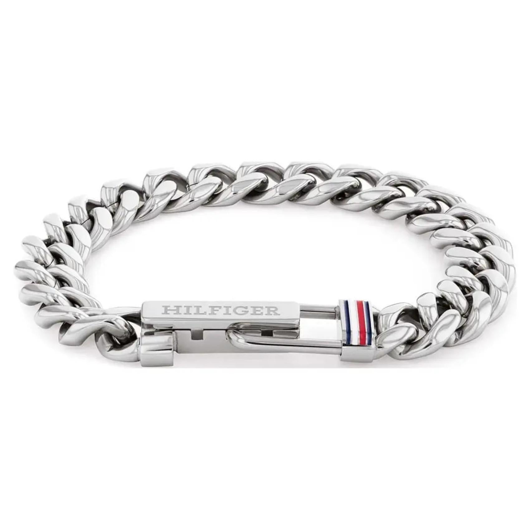 Ανδρικό ατσάλινο βραχιόλι Tommy Hilfiger 2790610 χειροπέδα σε ασημένιο χρώμα και σχέδιο μπρασελέ.