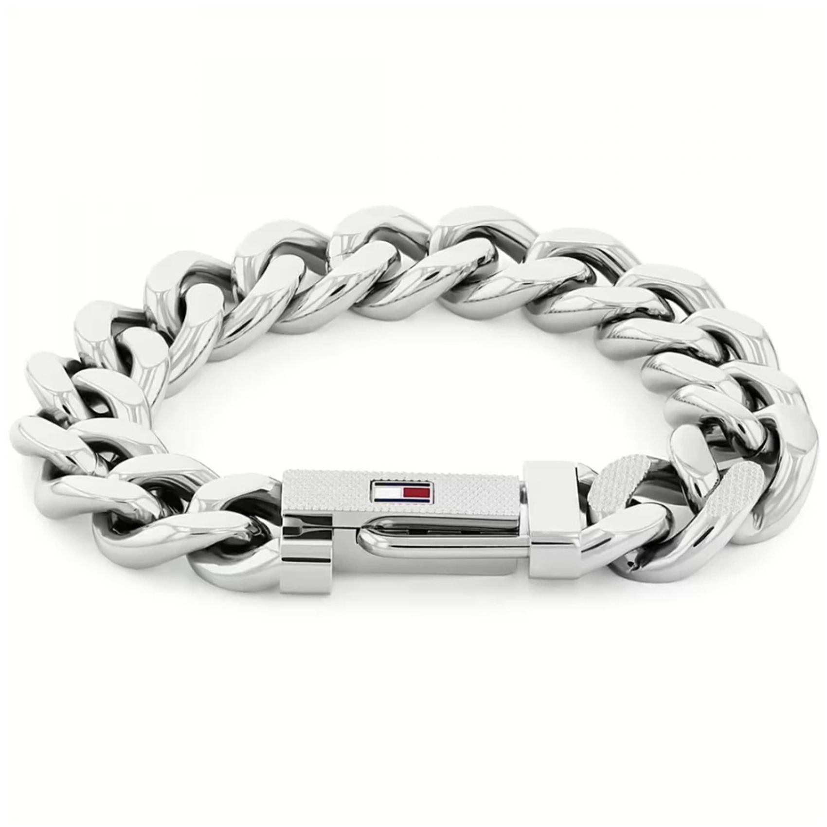 Ανδρικό ατσάλινο βραχιόλι Tommy Hilfiger 2790637 χειροπέδα σε ασημένιο χρώμα και σχέδιο αλυσίδας με διαγώνια πλέξη.