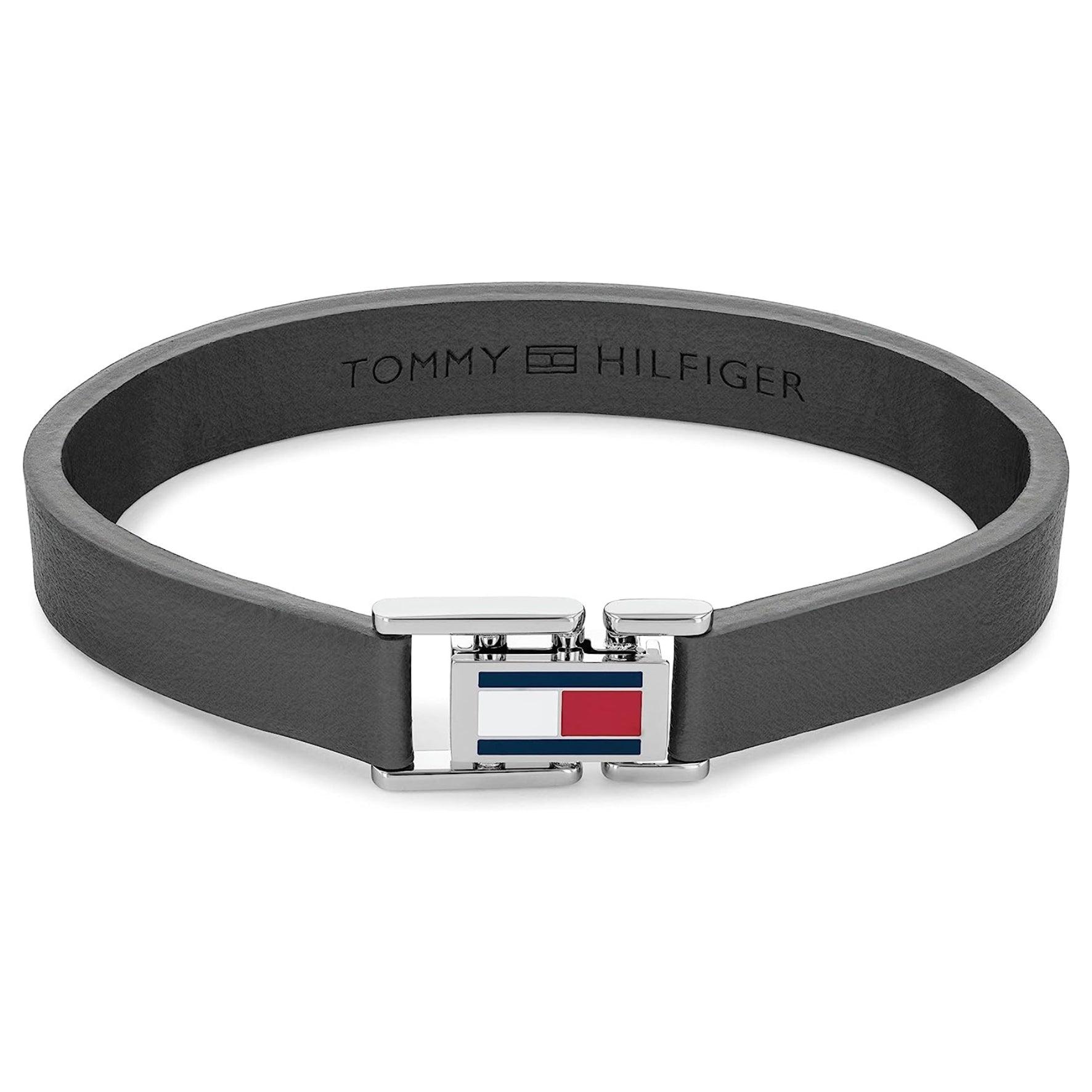Ανδρικό δερμάτινο βραχιόλι Tommy Hilfiger 2790428 σε γκρι χρώμα με κούμπωμα σε ασημί χρώμα.