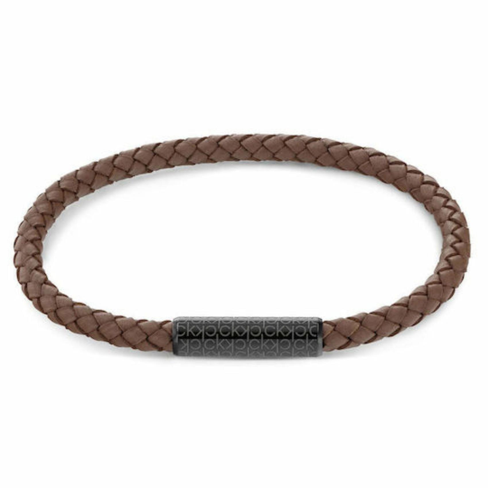 Ανδρικό βραχιόλι Calvin Klein 35000103 από καφέ δέρμα με μαύρη αγκράφα.
