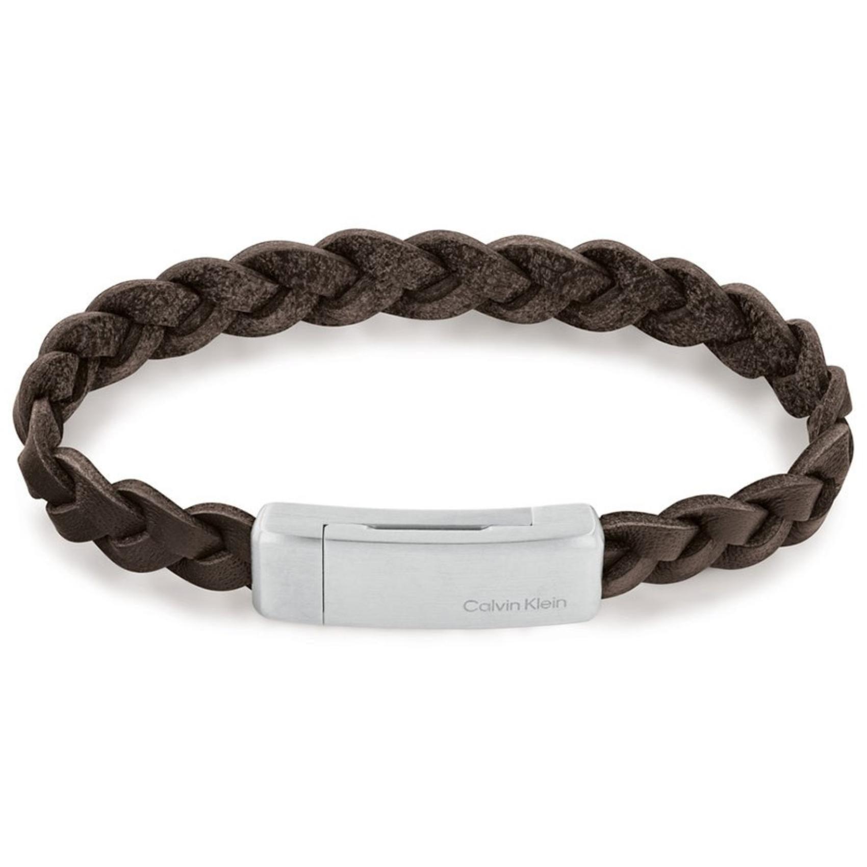 Ανδρικό βραχιόλι Calvin Klein 35000131 από καφέ δέρμα με ασημένια αγκράφα.
