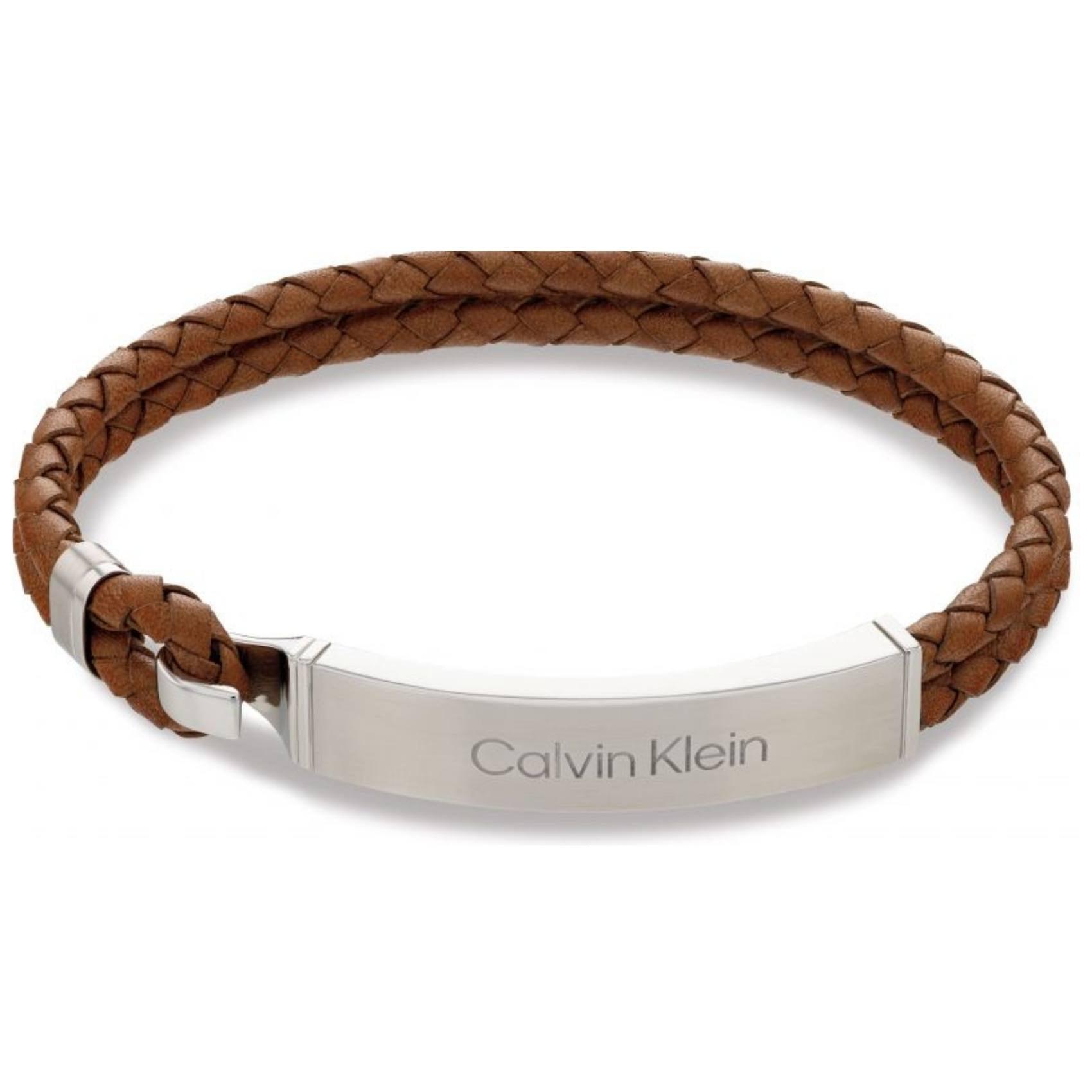 Ανδρικό βραχιόλι Calvin Klein 35000405 από καφέ δέρμα με ασημί αγκράφα.