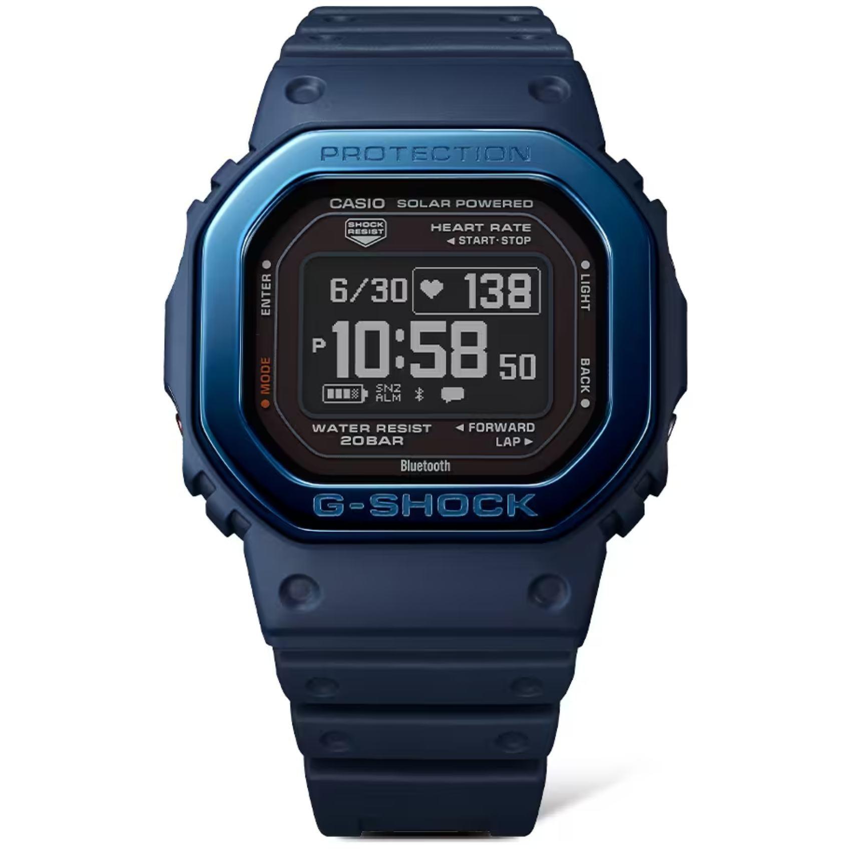 Προπονητικό ρολόι smartwatch G-Squad Casio G-Shock DW-H5600MB-2ER Solar με μπλε καουτσούκ λουράκι και μαύρο καντράν διαμέτρου 44,5mm σε τετράγωνο σχημα.
