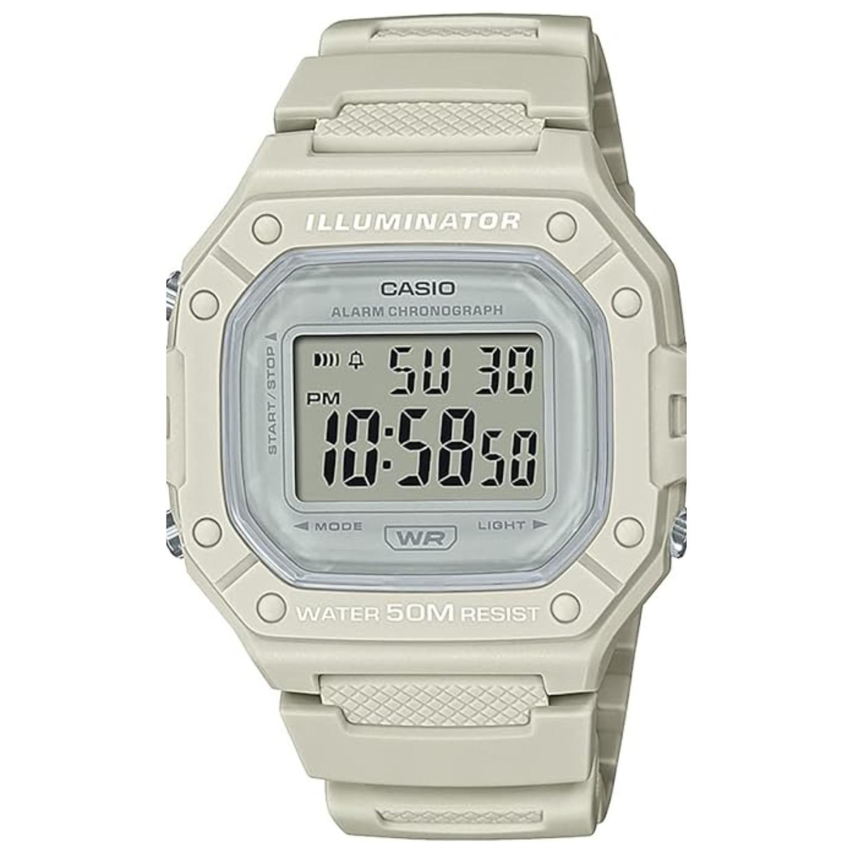 Ρολόι χρονογράφος Casio Illuminator W-218HC-8AVEF με λευκό καουτσούκ λουράκι, λευκό καντράν σε τετράγωνο σχημα με ψηφιακή ένδειξη και στεγανότητα 5ATM-50Μ.