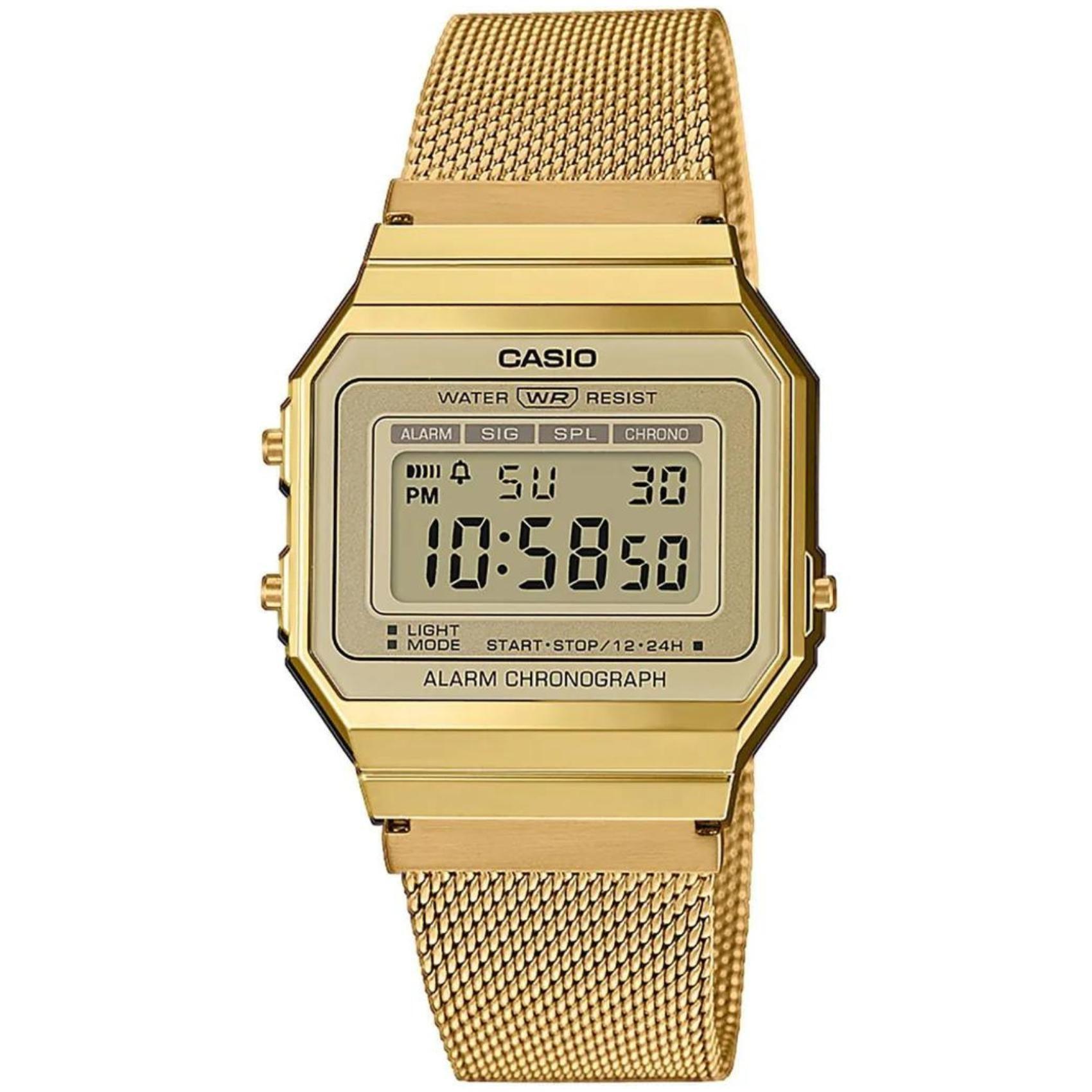 Ρολόι Casio Vintage A-700WEMG-9AEF με χρυσό ατσάλινο μπρασελέ και χρυσό καντράν σε τετράγωνο σχήμα με ψηφιακή ένδειξη.