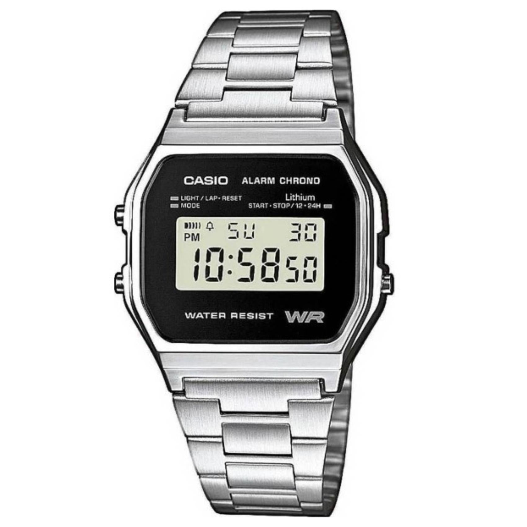 Ρολόι Casio Vintage Iconic A-158WEA-1EF με ασημί μπρασελέ και ψηφιακή ένδειξη.