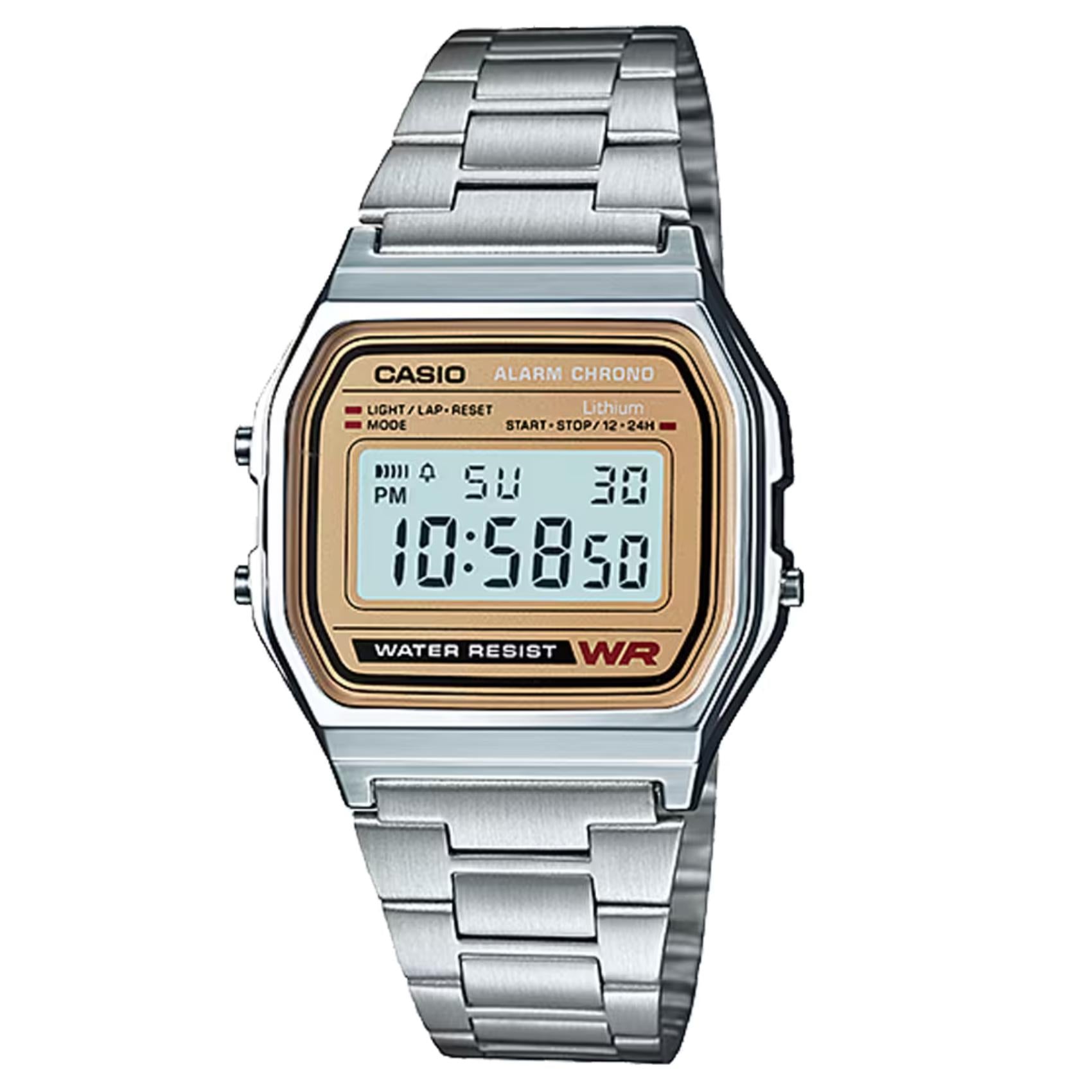 Ρολόι Casio Vintage Iconic A-158WEA-9EF με ασημί μπρασελέ και ψηφιακή ένδειξη.