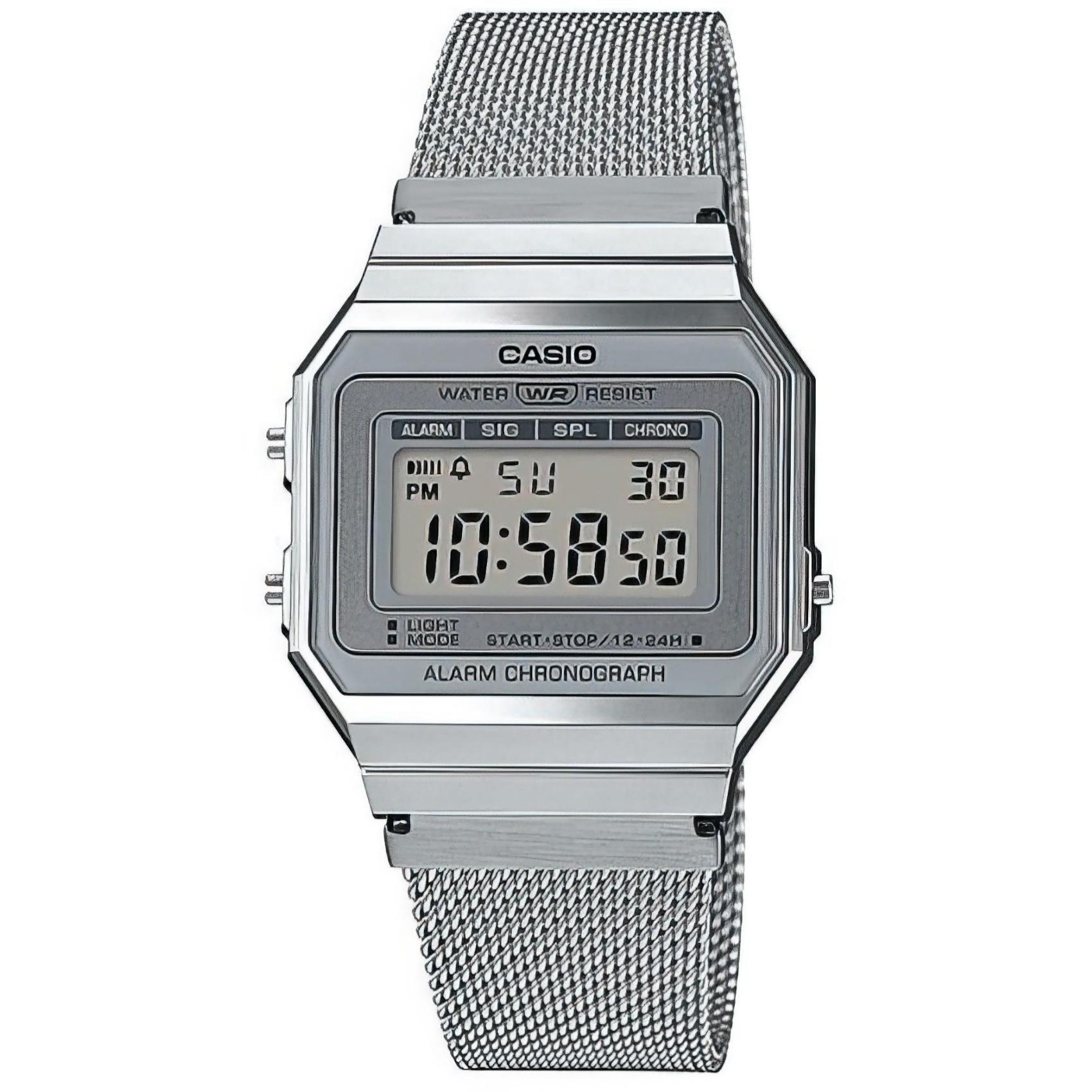 Ρολόι Casio Vintage A-700WEM-7AEF που συνδυάζει ασημί μπρασελέ από ανοξείδωτο ατσάλι και ασημί καντράν με πλαίσιο σε τετράγωνο σχήμα και ψηφιακή ένδειξη.