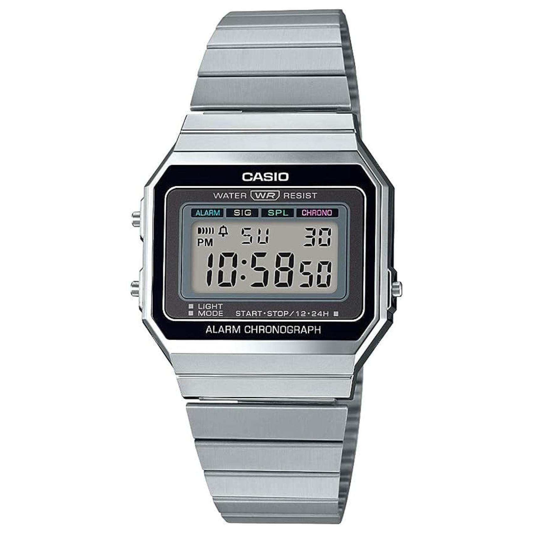 Ρολόι χρονογράφος  Casio Vintage A700WE-1AEF με ασημί ατσάλινο μπρασελέ, μαύρο καντράν σε τετράγωνο σχημα με ψηφιακή ένδειξη και στεγανότητα 3ATM-30Μ.