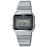 Ρολόι χρονογράφος  Casio Vintage A700WE-1AEF με ασημί ατσάλινο μπρασελέ, μαύρο καντράν σε τετράγωνο σχημα με ψηφιακή ένδειξη και στεγανότητα 3ATM-30Μ.