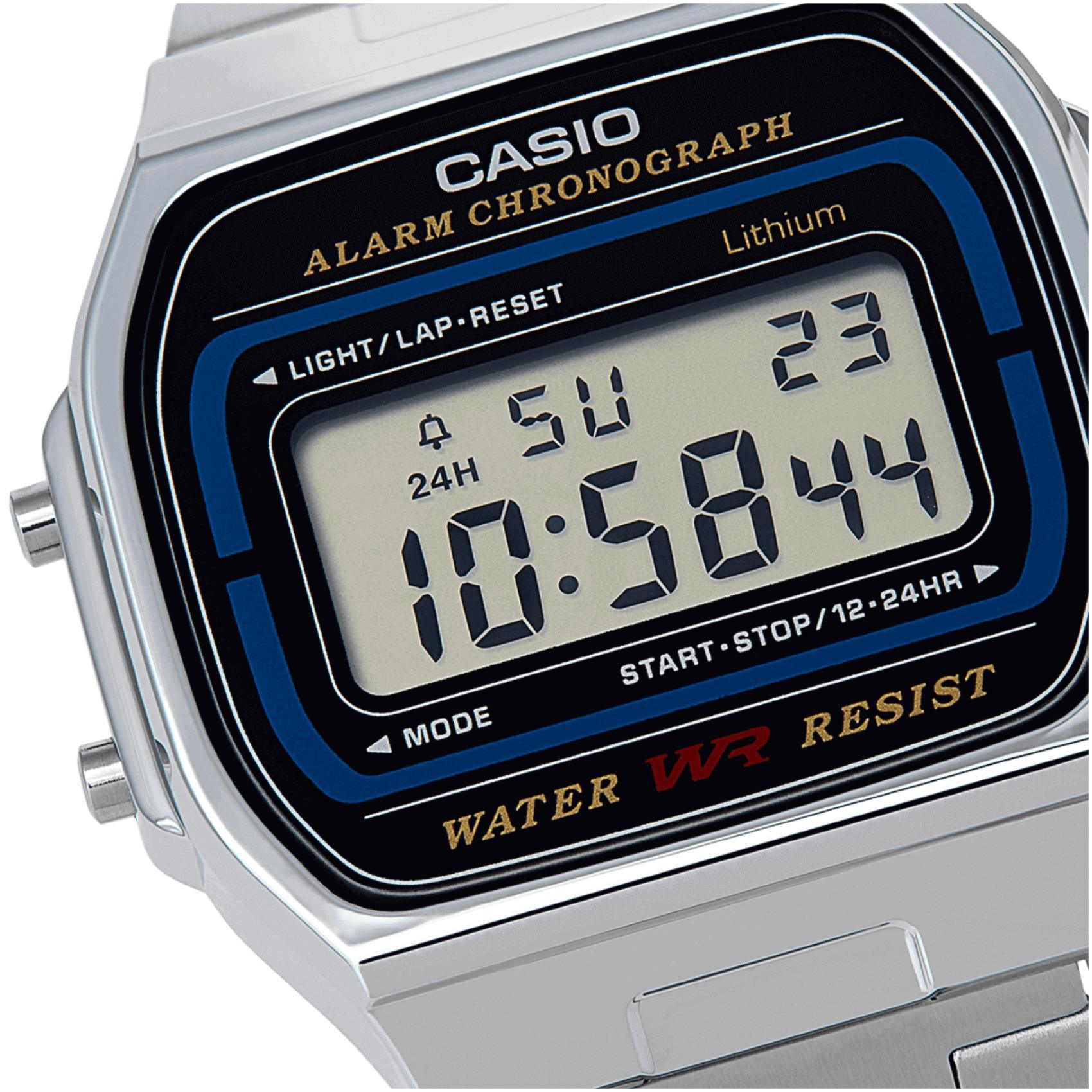 Ρολόι χρονογράφος  Casio Vintage A-164WA-1VES με ασημί ατσάλινο μπρασελέ, ασημί καντράν σε τετράγωνο σχημα με ψηφιακή ένδειξη και στεγανότητα 1ATM-10Μ.