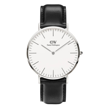 Ρολόι Daniel Wellington Sheffield DW00100020 με μαύρο δερμάτινο λουράκι, άσπρο καντραν, μηχανισμό μπαταρίας και στρογγυλό σχήμα με διάμετρο 40mm αδιάβροχο στις 3ΑΤΜ-30Μ.