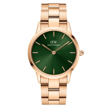 Ρολόι Daniel Wellington Iconic Link Emerald DW00100420 με ροζ χρυσό μπρασελέ, πράσινο καντραν, μηχανισμό μπαταρίας και στρογγυλό στεφάνι διαμέτρου 32mm αδιάβροχο στις 3ΑΤΜ-30Μ.