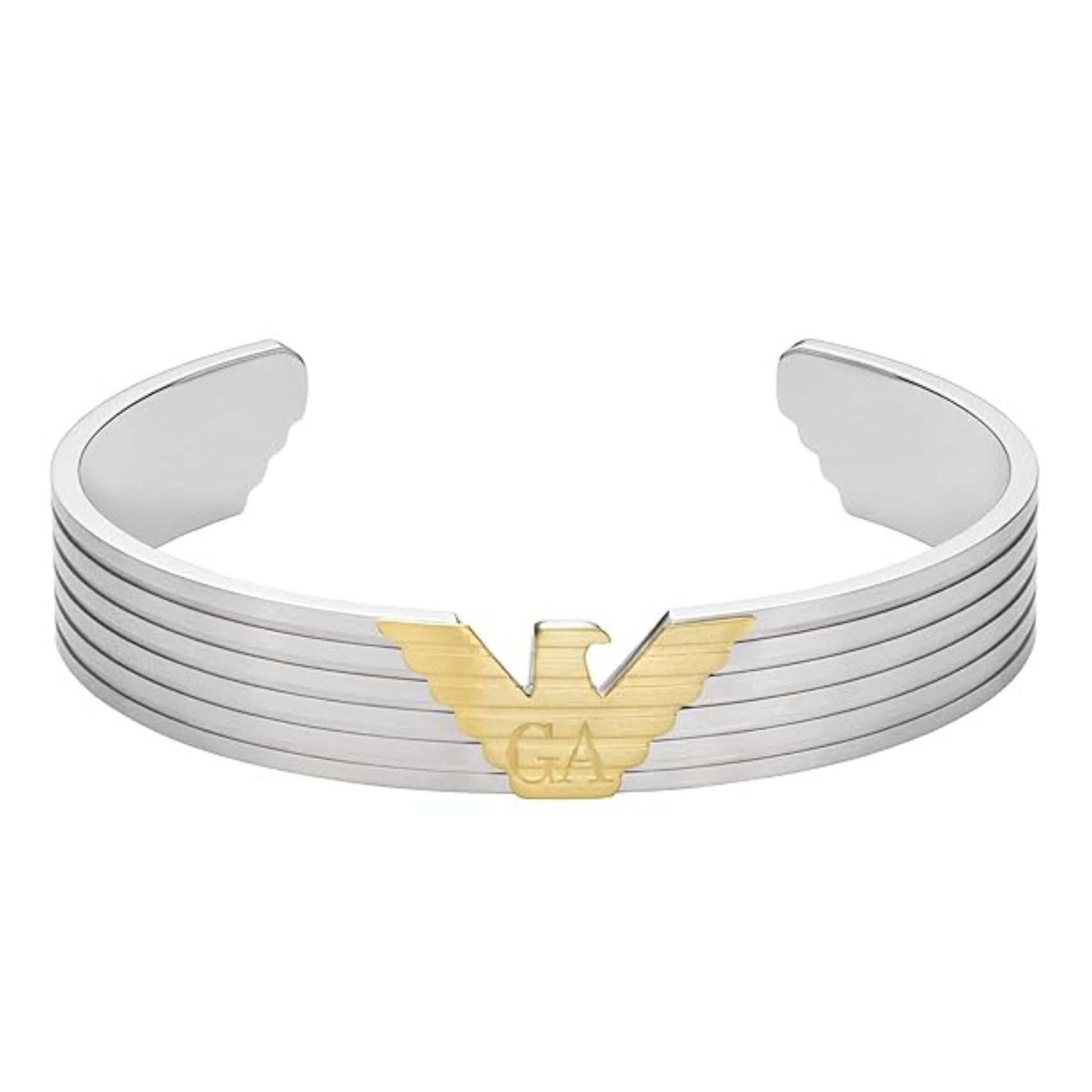 Ανδρικό βραχιόλι Emporio Armani EGS3074040 χειροπέδα ατσάλινο σε σε ασημί χρώμα και χρυσό λογότυπο.