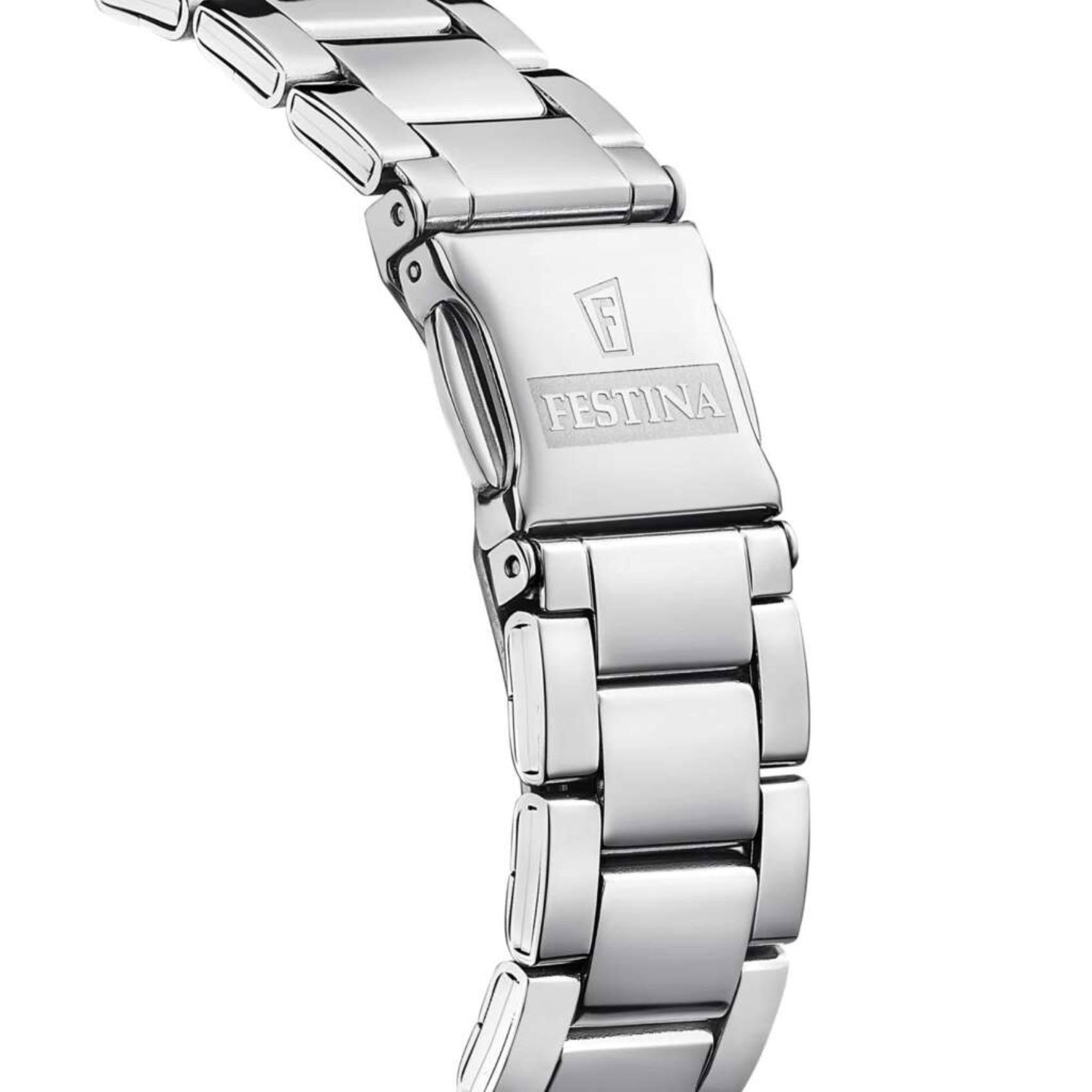 Ρολόι Festina Boyfriend F16790/D με ασημί ατσάλινο μπρασελέ, ροζ καντραν με ζιργκόν, μηχανισμό μπαταρίας με ένδειξη ημερομηνίας, στρογγυλό στεφάνι με διάμετρο 37mm αδιάβροχο στις 5ΑΤΜ-50Μ.