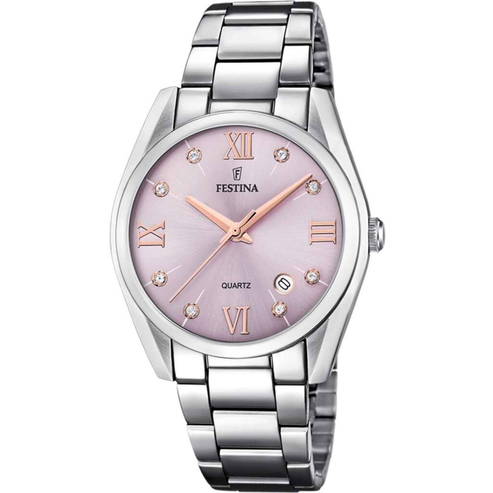 Ρολόι Festina Boyfriend F16790/D με ασημί ατσάλινο μπρασελέ, ροζ καντραν με ζιργκόν, μηχανισμό μπαταρίας με ένδειξη ημερομηνίας, στρογγυλό στεφάνι με διάμετρο 37mm αδιάβροχο στις 5ΑΤΜ-50Μ.
