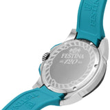 Αντρικό ρολόι Festina Chrono Bike 20642/3 με τιρκουάζ λουράκι σιλικόνης, μαύρο καντραν, μηχανισμό μπαταρίας με λειτουργία χρονογράφου και ένδειξη ημερομηνίας, στρογγυλό στεφάνι με διάμετρο 47mm, αδιάβροχο στις 10ΑΤΜ-100Μ.