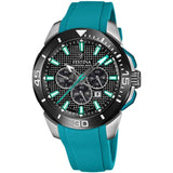 Αντρικό ρολόι Festina Chrono Bike 20642/3 με τιρκουάζ λουράκι σιλικόνης, μαύρο καντραν, μηχανισμό μπαταρίας με λειτουργία χρονογράφου και ένδειξη ημερομηνίας, στρογγυλό στεφάνι με διάμετρο 47mm, αδιάβροχο στις 10ΑΤΜ-100Μ.