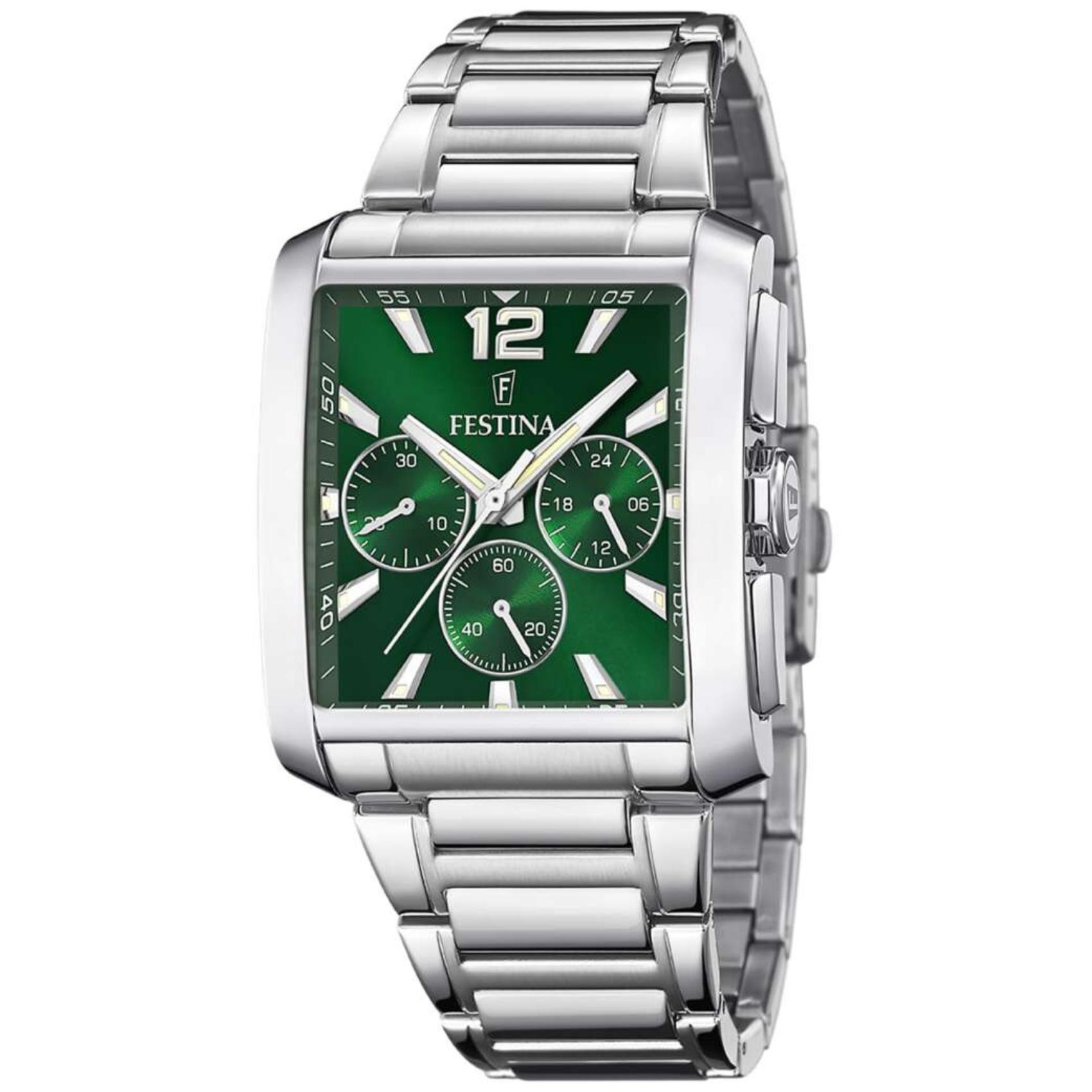 Αντρικό ρολόι Festina On The Square F20635/3 χρονογράφος, με ασημί ατσάλινο μπρασελέ και πράσινο καντραν, τζαμάκι από ορυκτο κρύσταλλο, μηχανισμό μπαταρίας και τετράγωνο σχήμα διάστασης 29mm, αδιάβροχο στις 5ΑΤΜ-50Μ.