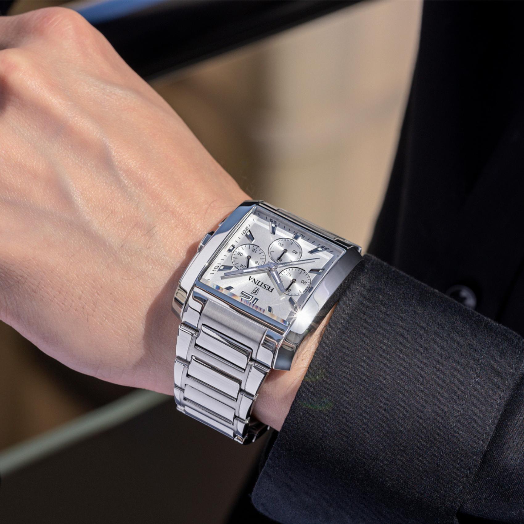 Αντρικό ρολόι Festina On The Square F20635/1 χρονογράφος, με ασημί ατσάλινο μπρασελέ και άσπρο καντραν, τζαμάκι από ορυκτο κρύσταλλο, μηχανισμό μπαταρίας και τετράγωνο σχήμα διάστασης 29mm, αδιάβροχο στις 5ΑΤΜ-50Μ.