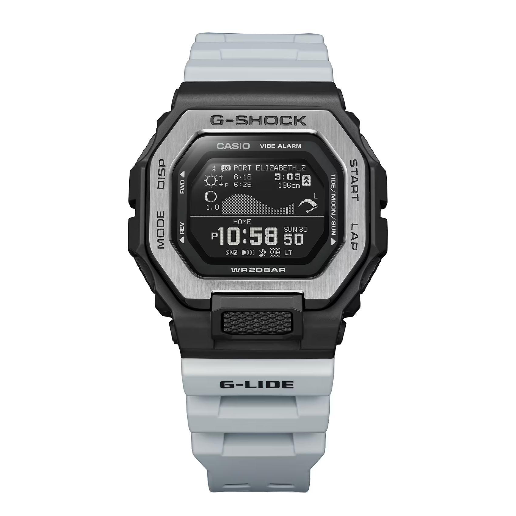 Ρολόι με λειτουργίες προπόνησης Casio G-Lide G-Shock GBX-100TT-8ER με γκρι καουτσούκ λουράκι και μαύρο καντράν διαμέτρου 46mm σε τετράγωνο σχημα.
