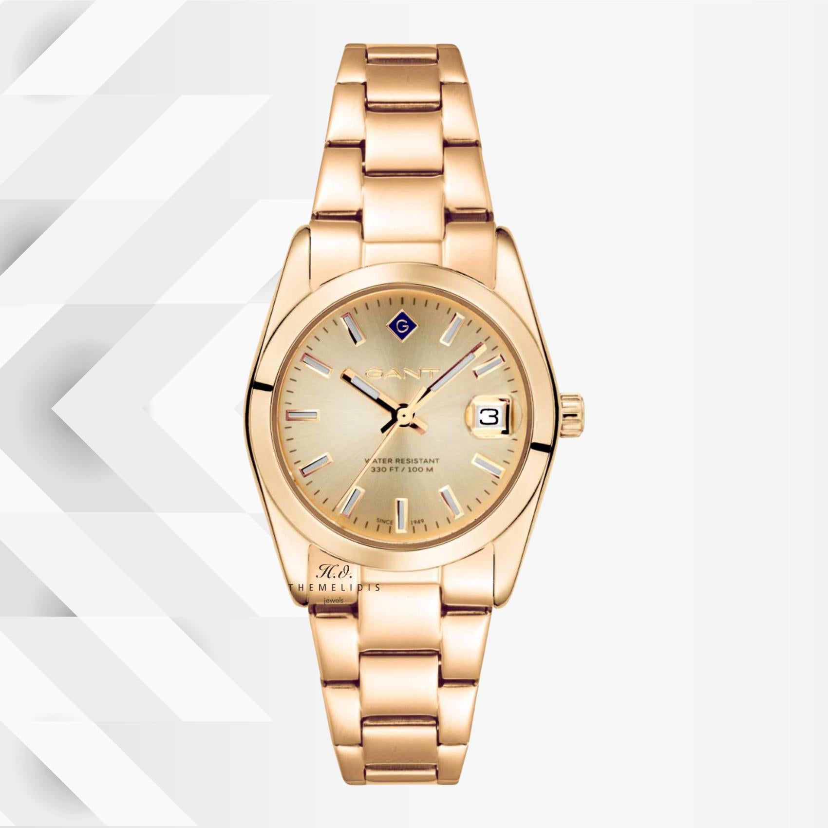 Ρολόι Gant Everett Mini G186006 με χρυσό ατσάλινο μπρασελέ και χρυσό καντράν 28mm με ημερομηνία, σε φόντο.