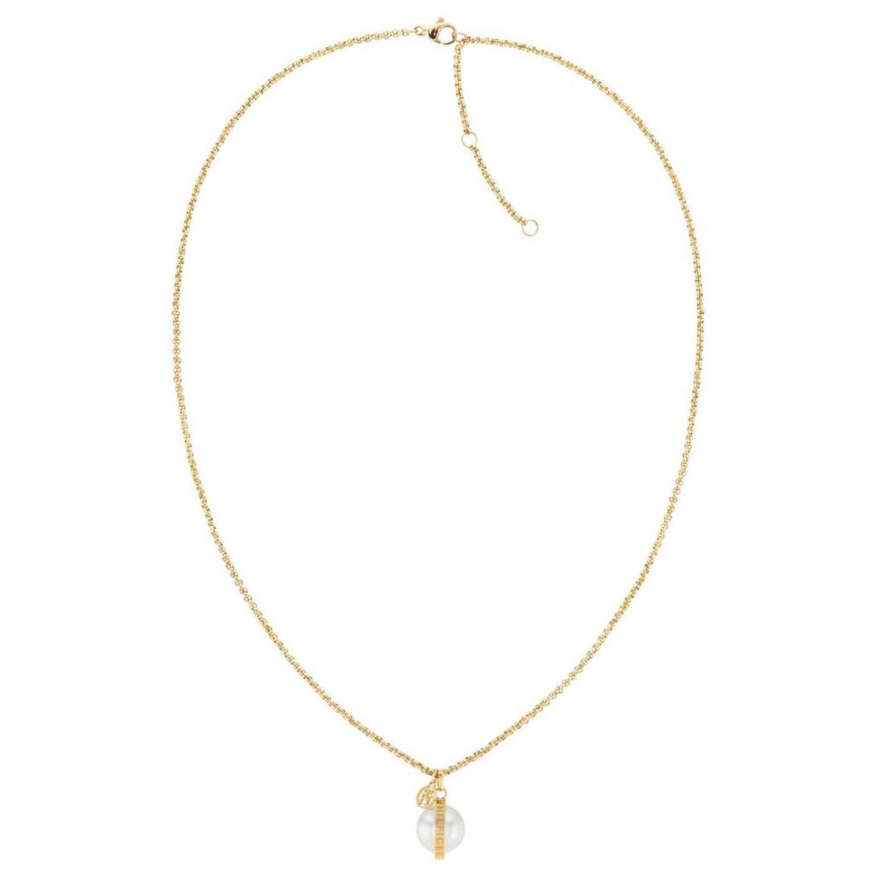 Γυναικείο κολιέ Tommy Hilfiger σε χρυσό χρώμα, με στρογγυλό μοτίφ από λευκό φίλντισι.