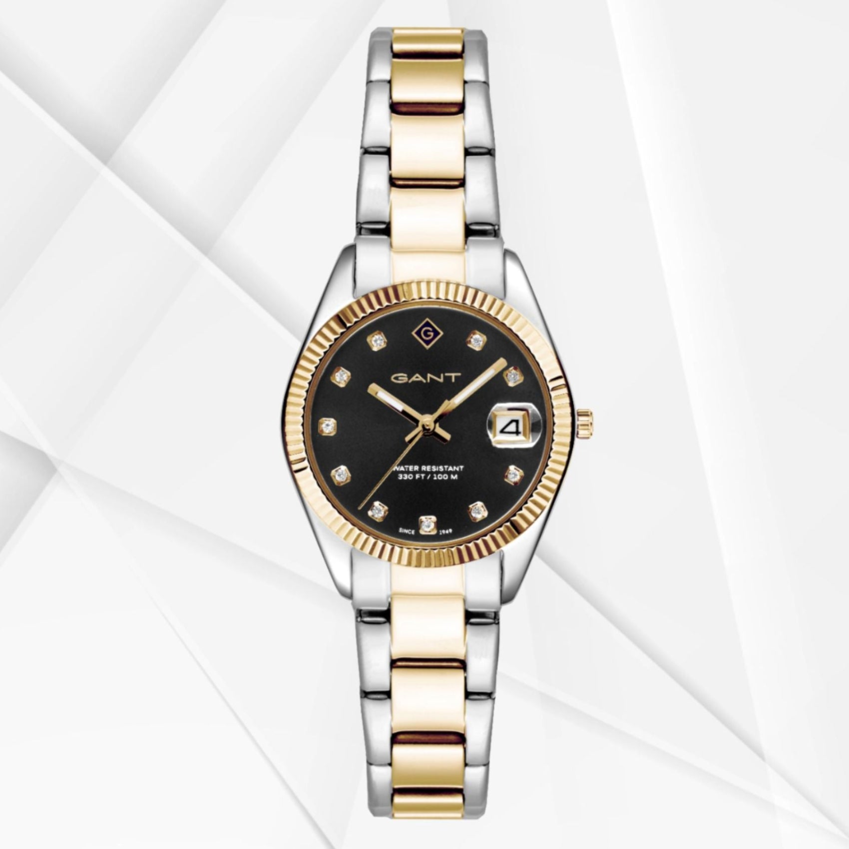 Γυναικείο ρολόι Gant Sussex Mini Stones G181018 με δίχρωμο ασημί-χρυσό ατσάλινο μπρασελέ και μαύρο καντράν 28mm με ζιργκόν, σε φόντο.