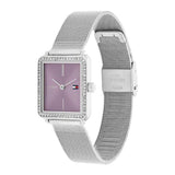 Γυναικείο ρολόι Tommy Hilfiger 1782790 σε τετράγωνο σχήμα ασημί ατσάλινο μπρασελέ ψάθα και μωβ καντράν 21Χ21mm με ζιργκόν, πλαϊνή λήψη.