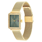 Γυναικείο ρολόι Tommy Hilfiger 1782791 σε τετράγωνο σχήμα, χρυσό μπρασελέ ψάθα από ανοξείδωτο ατσάλι και πράσινο χακί καντράν διαστάσεων 21Χ21mm με ζιργκόν