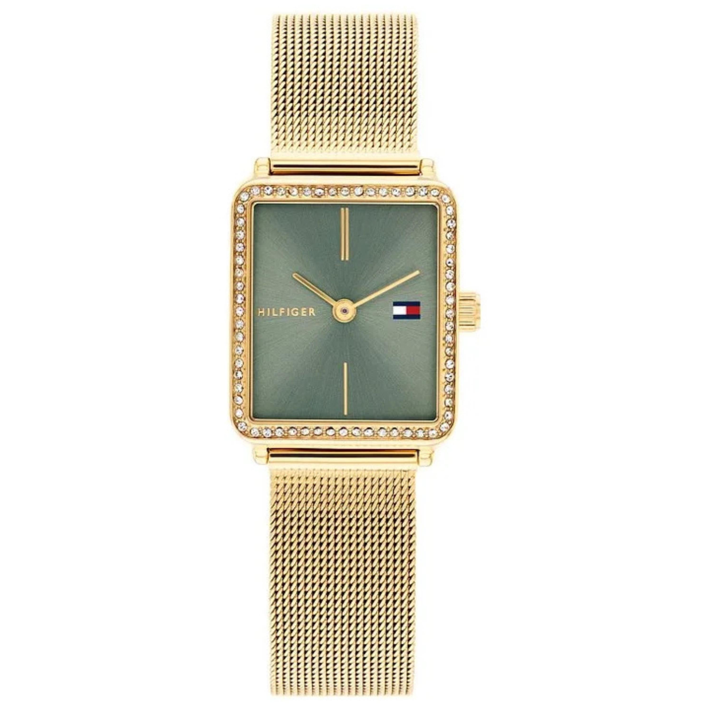 Γυναικείο ρολόι Tommy Hilfiger 1782791 σε τετράγωνο σχήμα, χρυσό μπρασελέ ψάθα από ανοξείδωτο ατσάλι και πράσινο χακί καντράν διαστάσεων 21Χ21mm διακοσμημένο με ζιργκόν