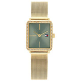 Γυναικείο ρολόι Tommy Hilfiger 1782791 σε τετράγωνο σχήμα, χρυσό μπρασελέ ψάθα από ανοξείδωτο ατσάλι και πράσινο χακί καντράν διαστάσεων 21Χ21mm διακοσμημένο με ζιργκόν