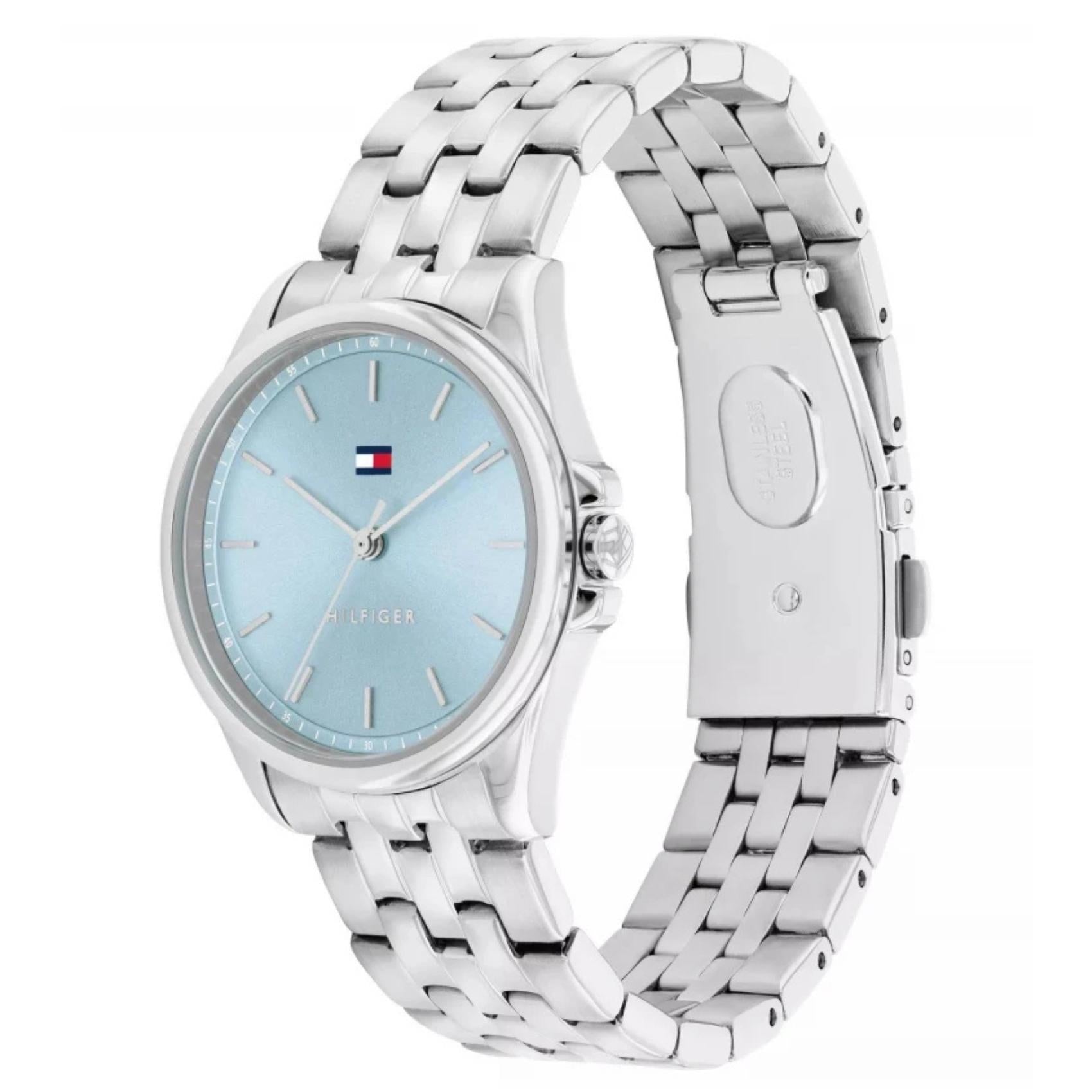 Γυναικείο ρολόι Tommy Hilfiger Jade 1782771 με ασημί ατσάλινο μπρασελέ και γαλάζιο καντράν 30mm, πλαϊνή όψη.