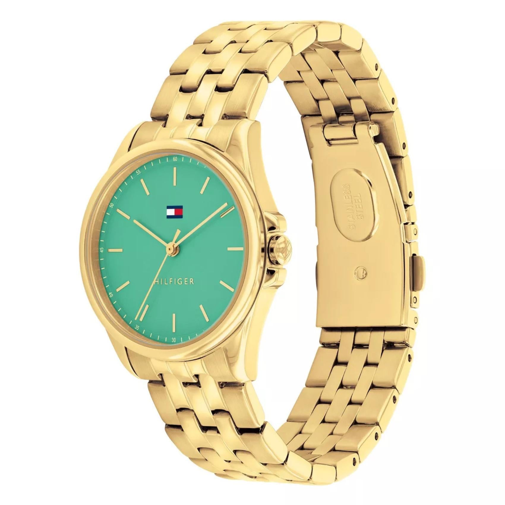 Γυναικείο ρολόι Tommy Hilfiger Jade 1782774 με χρυσό ατσάλινο μπρασελέ και πράσινο καντράν 30mm, πλαϊνή όψη.