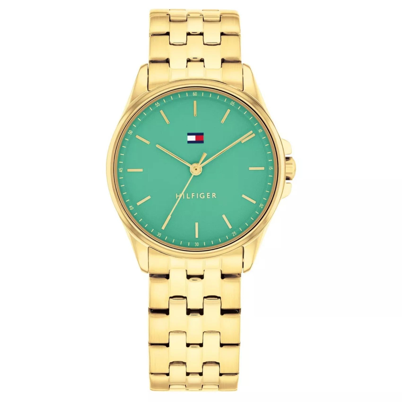 Γυναικείο ρολόι Tommy Hilfiger Jade 1782774 με χρυσό ατσάλινο μπρασελέ και πράσινο καντράν 30mm.