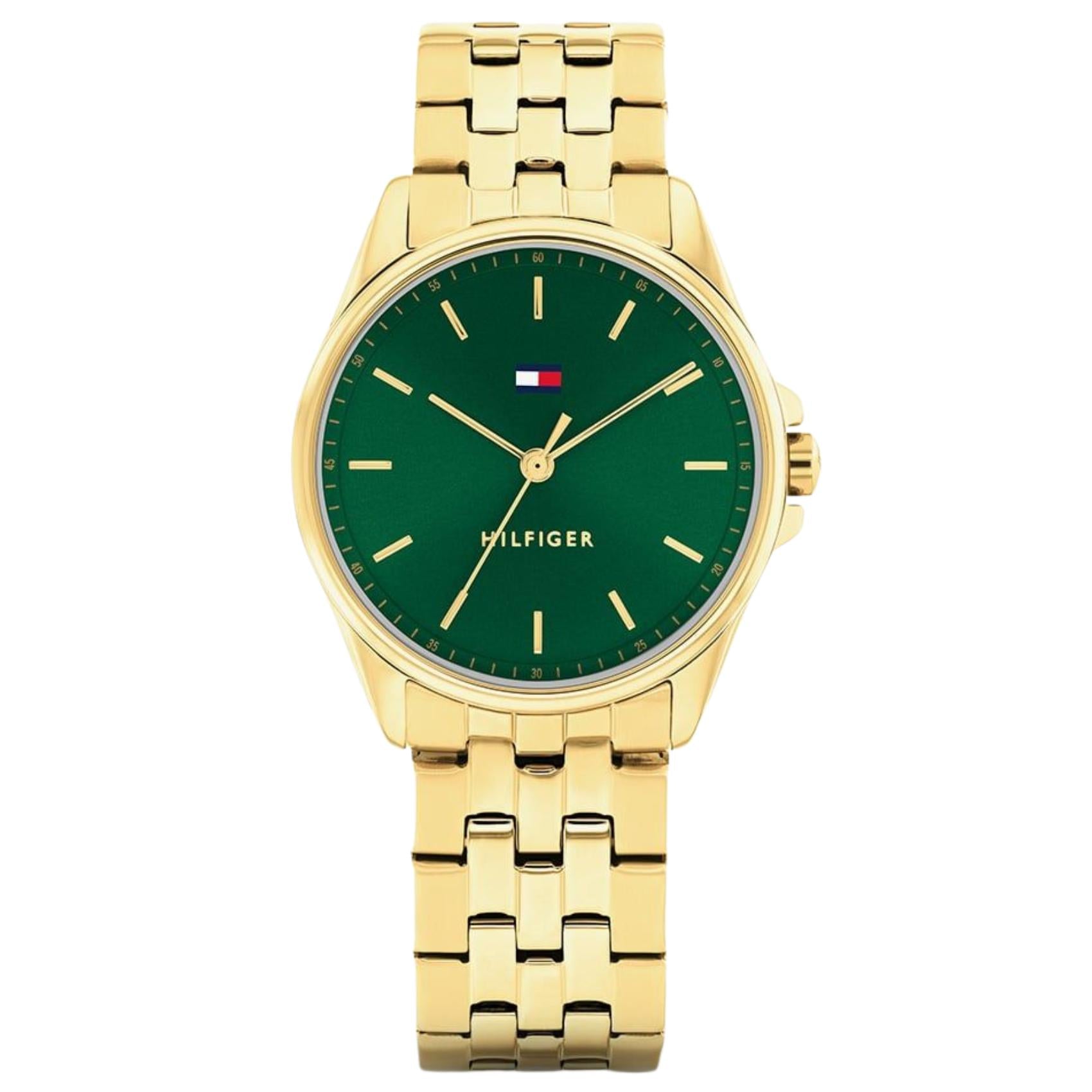 Γυναικείο ρολόι Tommy Hilfiger Jade 1782799 με χρυσό ατσάλινο μπρασελέ και πράσινο καντράν διαμέτρου 30mm.