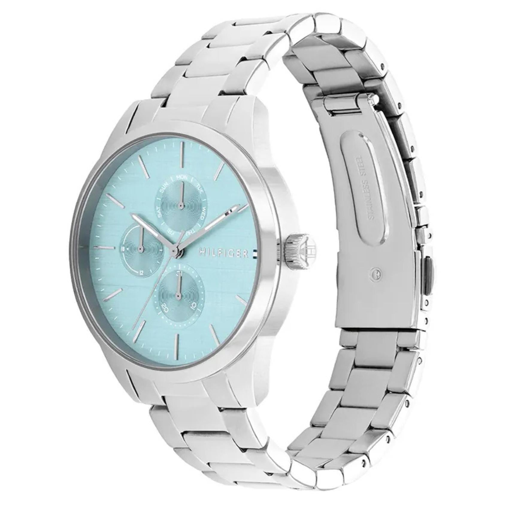 Γυναικείο ρολόι Tommy Hilfiger Juliette 1782767 με ασημί ατσάλινο μπρασελέ και γαλάζιο καντράν 38mm, πλαϊνή όψη.
