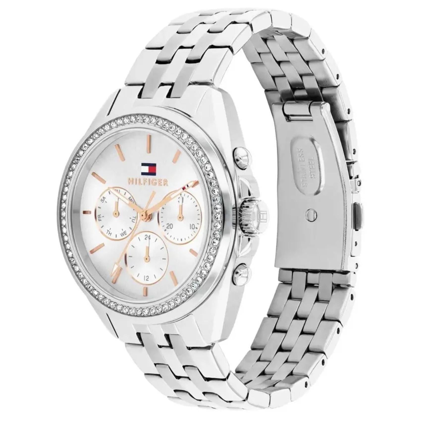 Γυναικείο ρολόι Tommy Hilfiger Mellie 1782802 με ασημί ατσάλινο μπρασελέ, άσπρο καντράν 36mm και ζιργκόν.