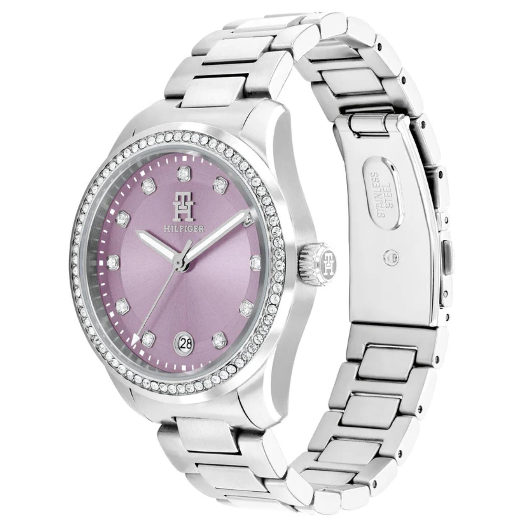 Γυναικείο ρολόι Tommy Hilfiger TH85 1782793 με ασημί ατσάλινο μπρασελέ και μωβ καντράν 36mm με ζιργκόν, πλαϊνή όψη.