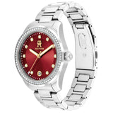 Γυναικείο ρολόι Tommy Hilfiger TH85 1782794 με ασημί ατσάλινο μπρασελέ και κόκκινο καντράν 36mm με ζιργκόν, πλαϊνή όψη.