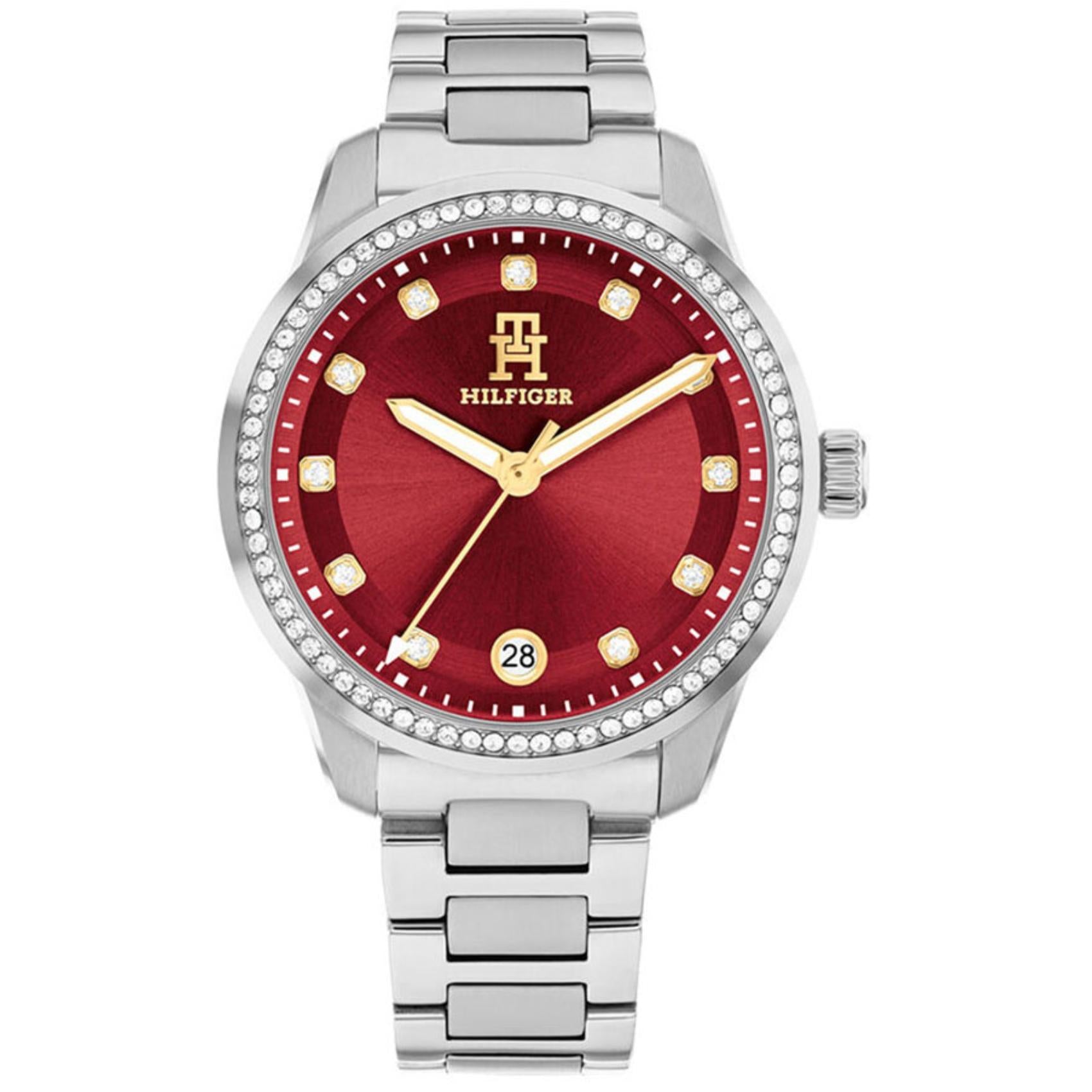 Γυναικείο ρολόι Tommy Hilfiger TH85 1782794 με ασημί ατσάλινο μπρασελέ και κόκκινο καντράν 36mm με ζιργκόν.