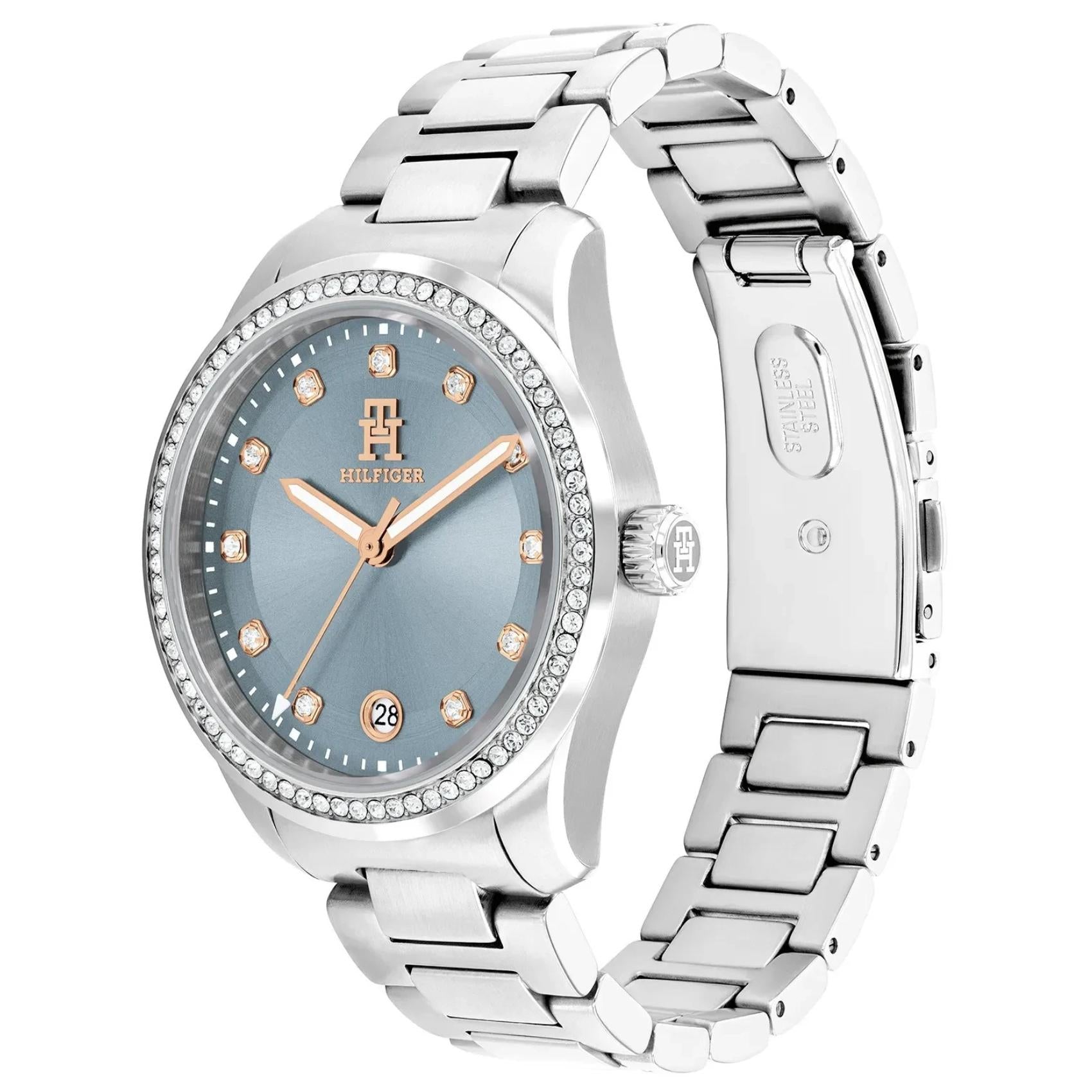 Γυναικείο ρολόι Tommy Hilfiger TH85 1782795 με ασημί ατσάλινο μπρασελέ και γαλάζιο καντράν 36mm με ζιργκόν, πλαϊνη όψη.