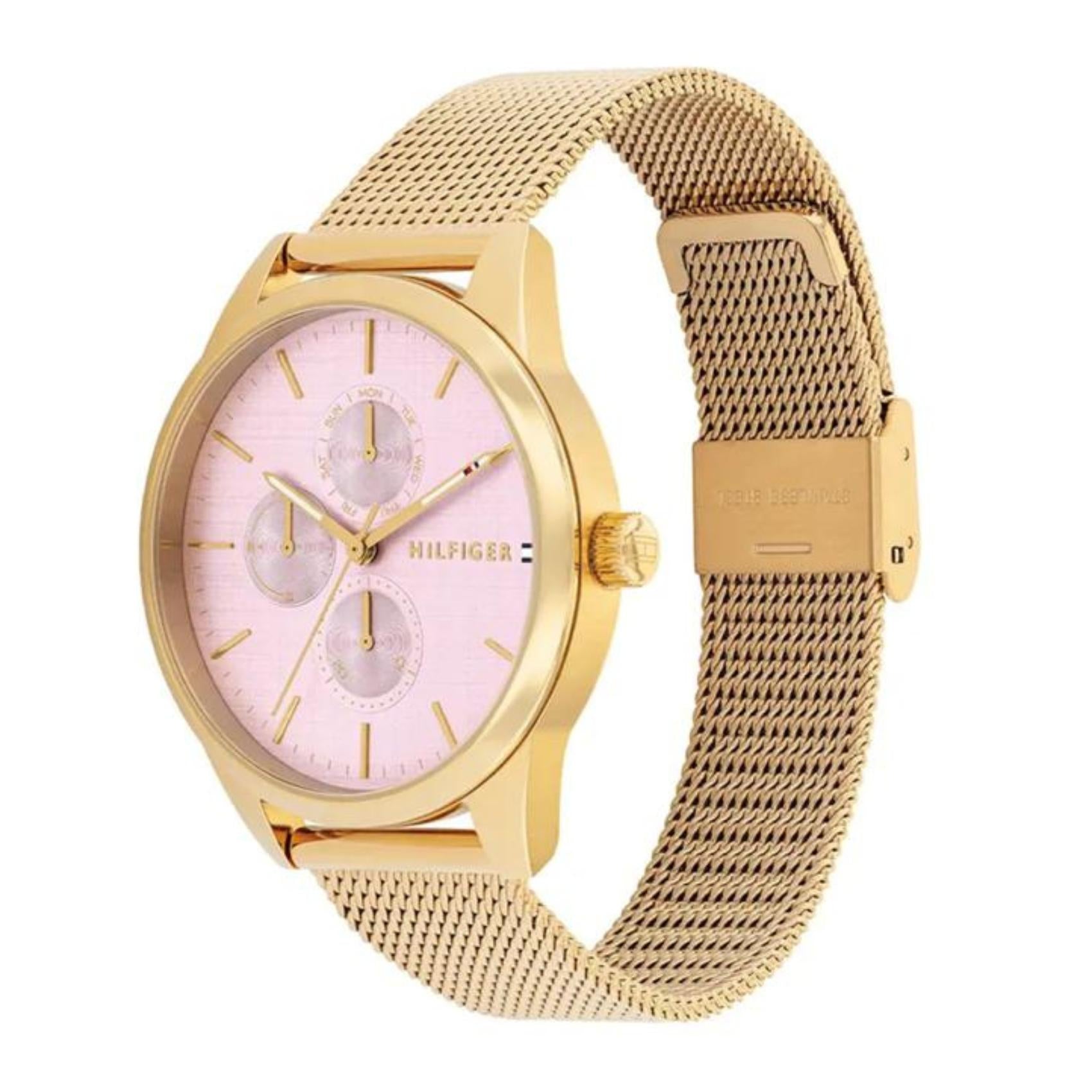 Γυναικείο ρολόι Tommy Hilfiger Tyson 1782769 με χρυσό ατσάλινο μπρασελέ και ροζ καντράν 38mm, πλαϊνή όψη.