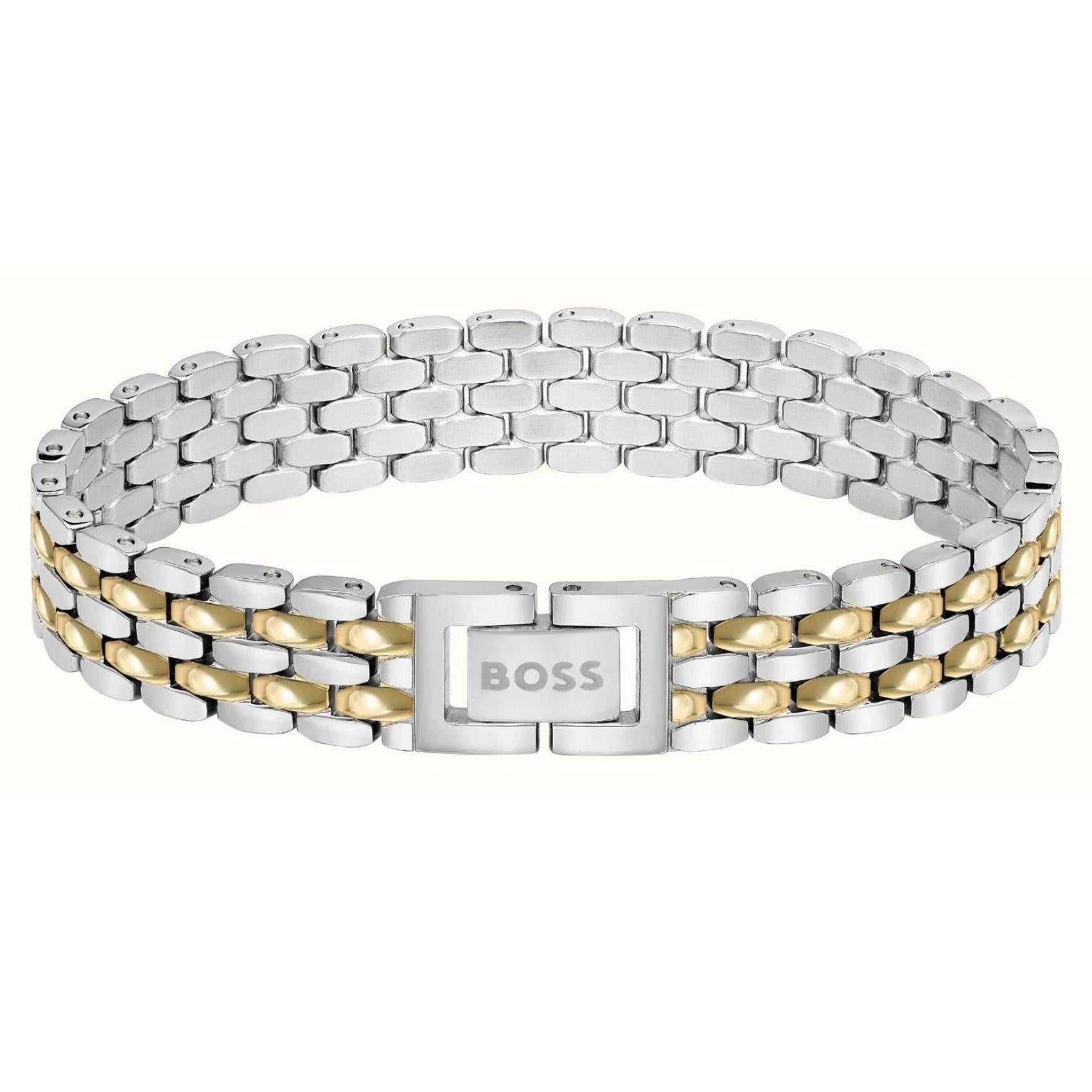 Γυναικείο ατσάλινο βραχιόλι Boss 1580517 δίχρωμο σε ασημί και χρυσό χρώμα σε σχέδιο μπρασελέ.
