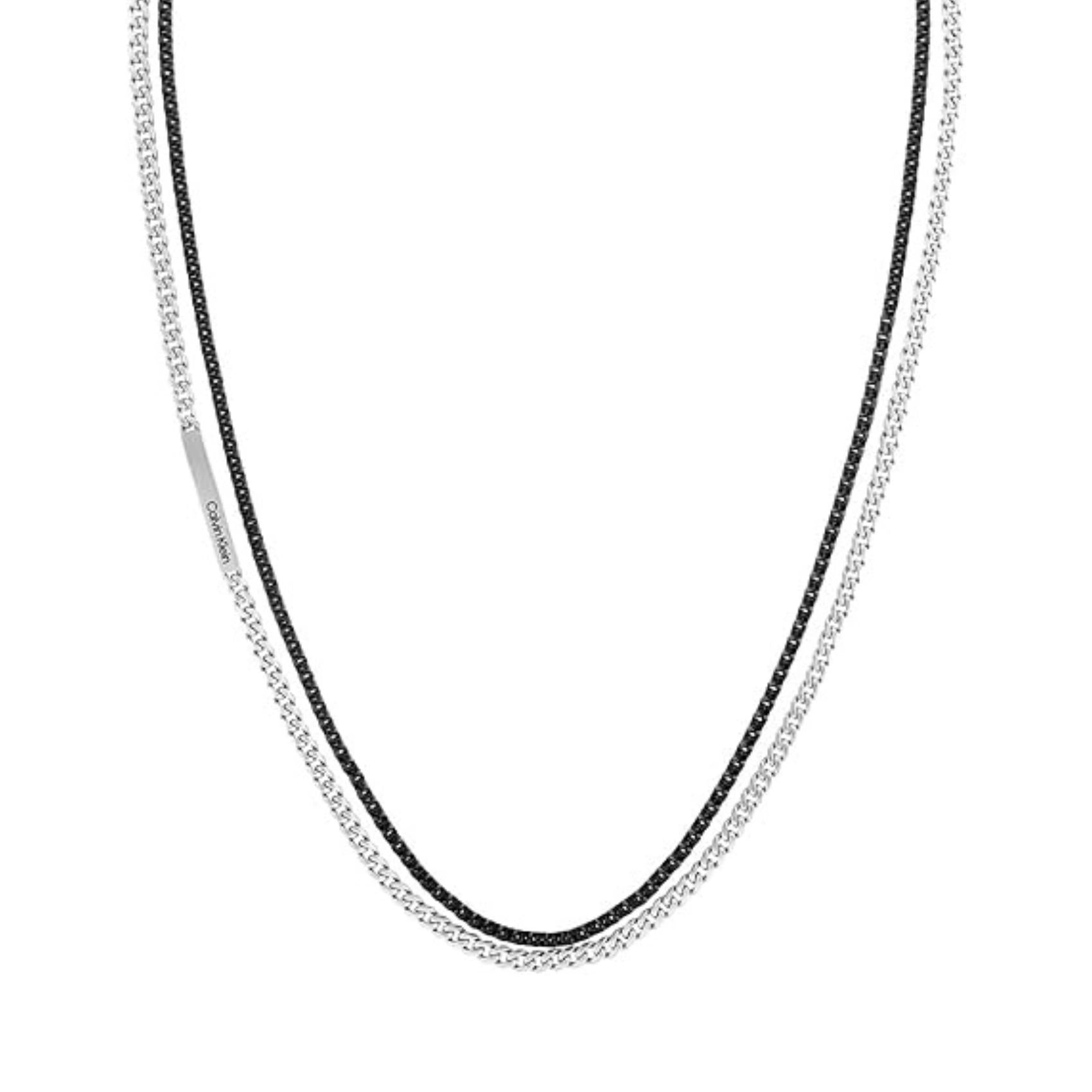 Ανδρικό κολιέ Calvin Klein 35000565 ατσάλινο που συνδυάζει διπλή αλυσίδα σε ασημί αλυσίδα και σε μαύρο χρώμα.
