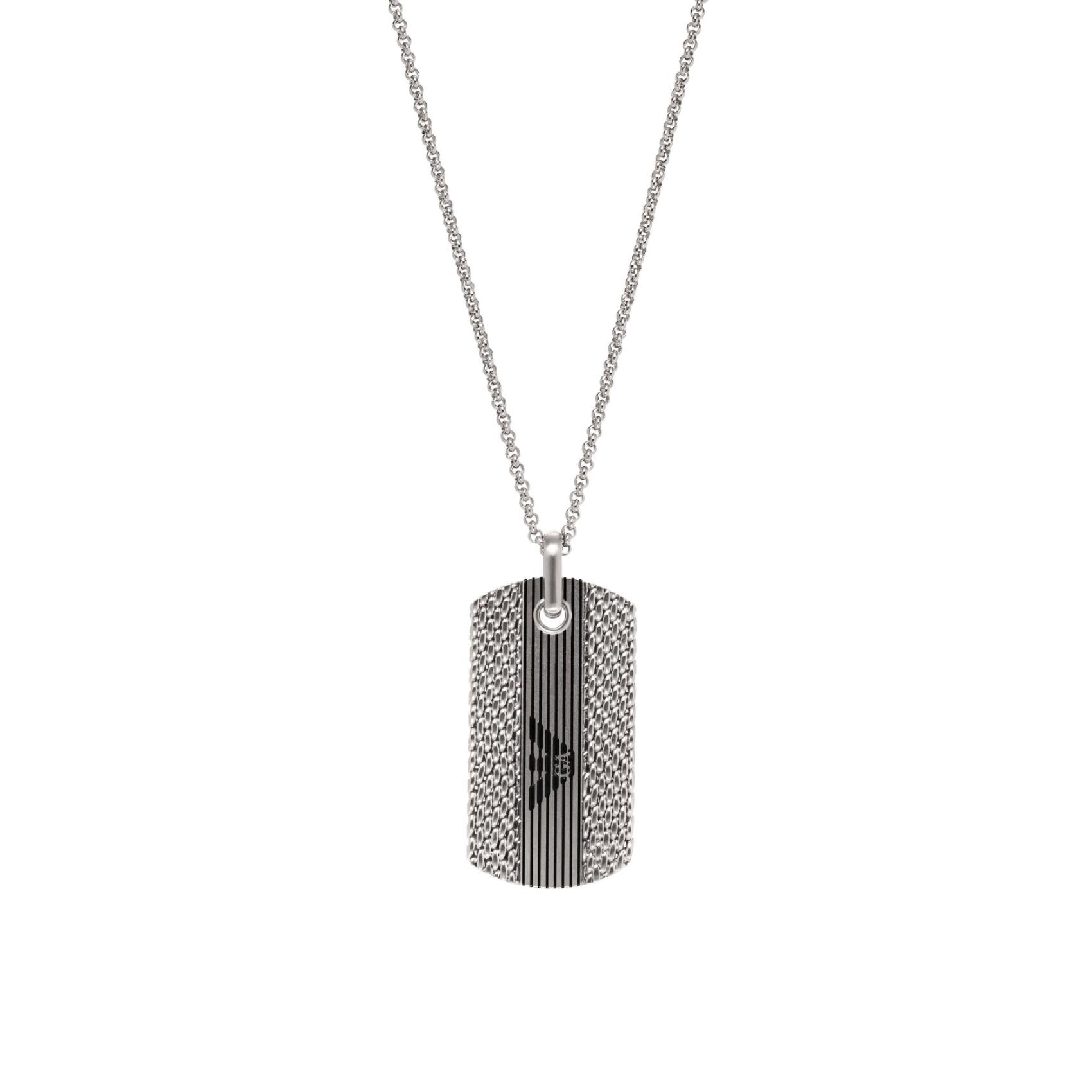 Ανδρικό κολιέ Emporio Armani EGS3149040 με ατσάλινη αλυσίδα σε ασημί χρώμα και κρεμαστό μοτίφ ταυτότητα σε ασημί χρώμα.
