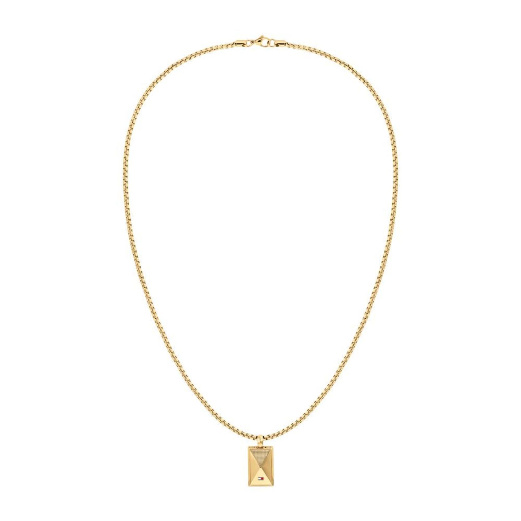 Γυναικείο κολιέ Tommy Hilfiger 2790565 με τετράγωνο κρεμαστό από ανοξείδωτο ατσάλι σε χρυσό χρώμα με ζιργκόν στο επάνω τμήμα του.